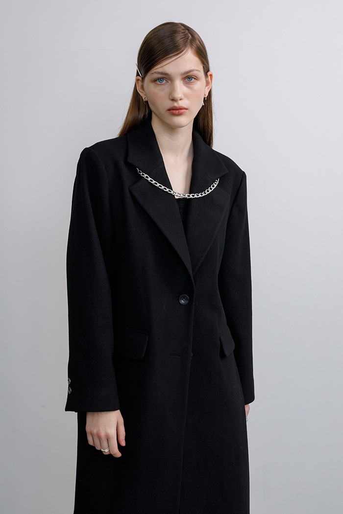 Chain wool long coat (black)