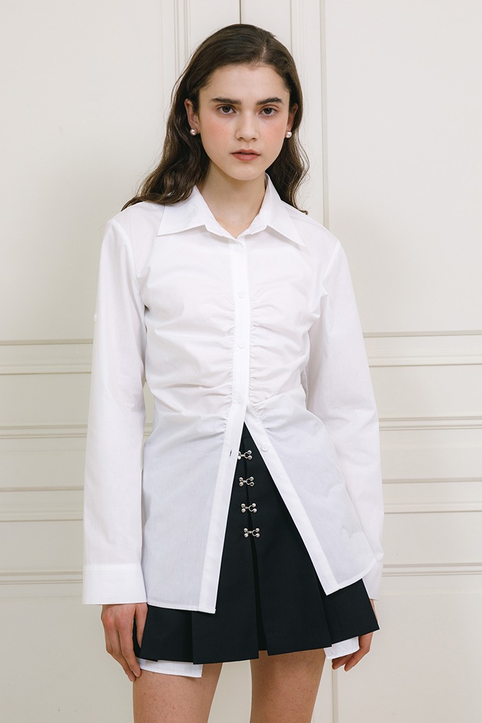 Shirring belted shirt (white)
