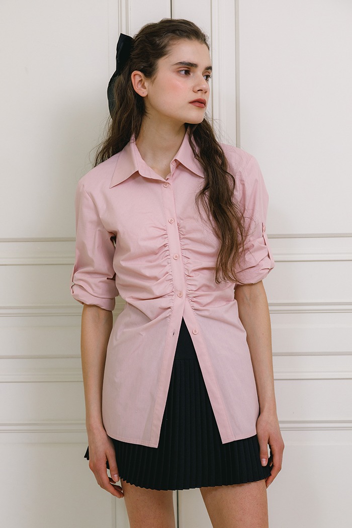 Shirring belted shirt (pink)