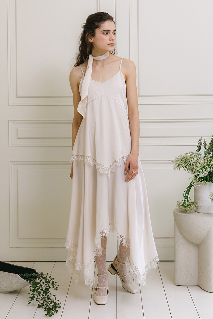 Lace frill slip long dress (ivory)