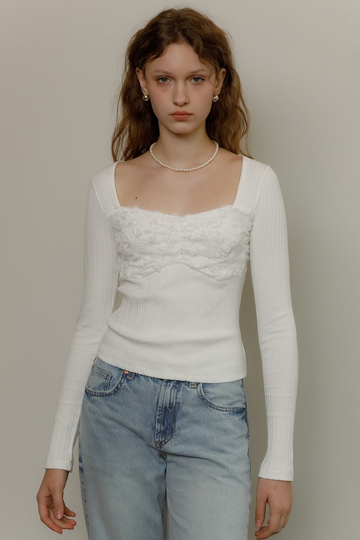 Flower lace shirring t-shirt (white)
