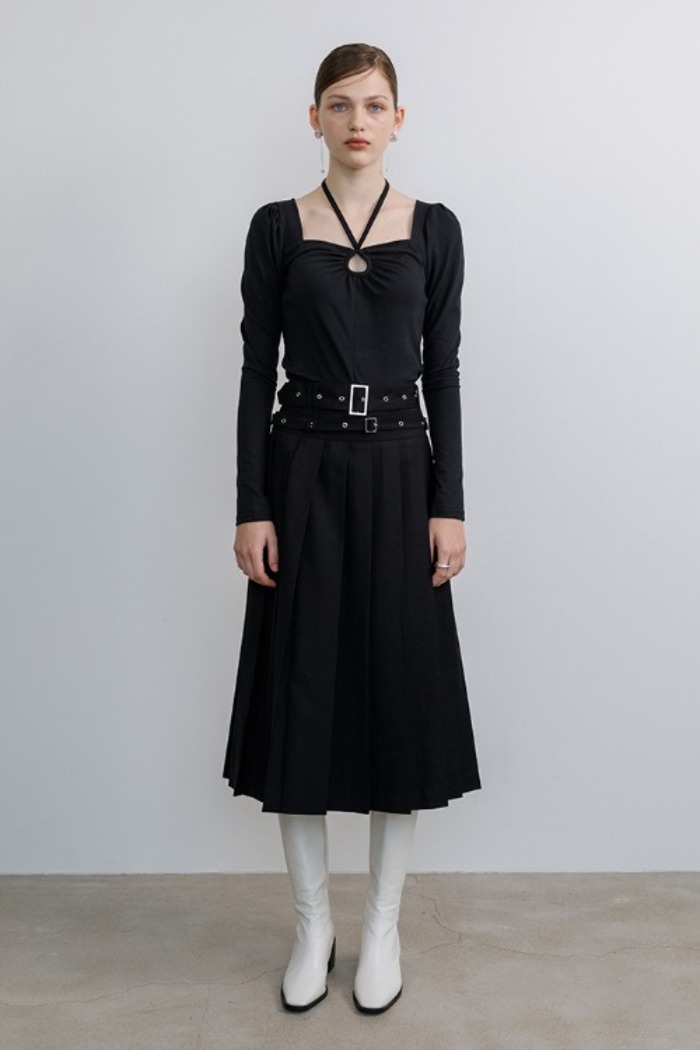 [Sample] Double belted pleats long skirt (black)