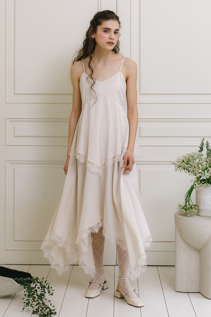 [Sample] Lace frill slip long dress (ivory)