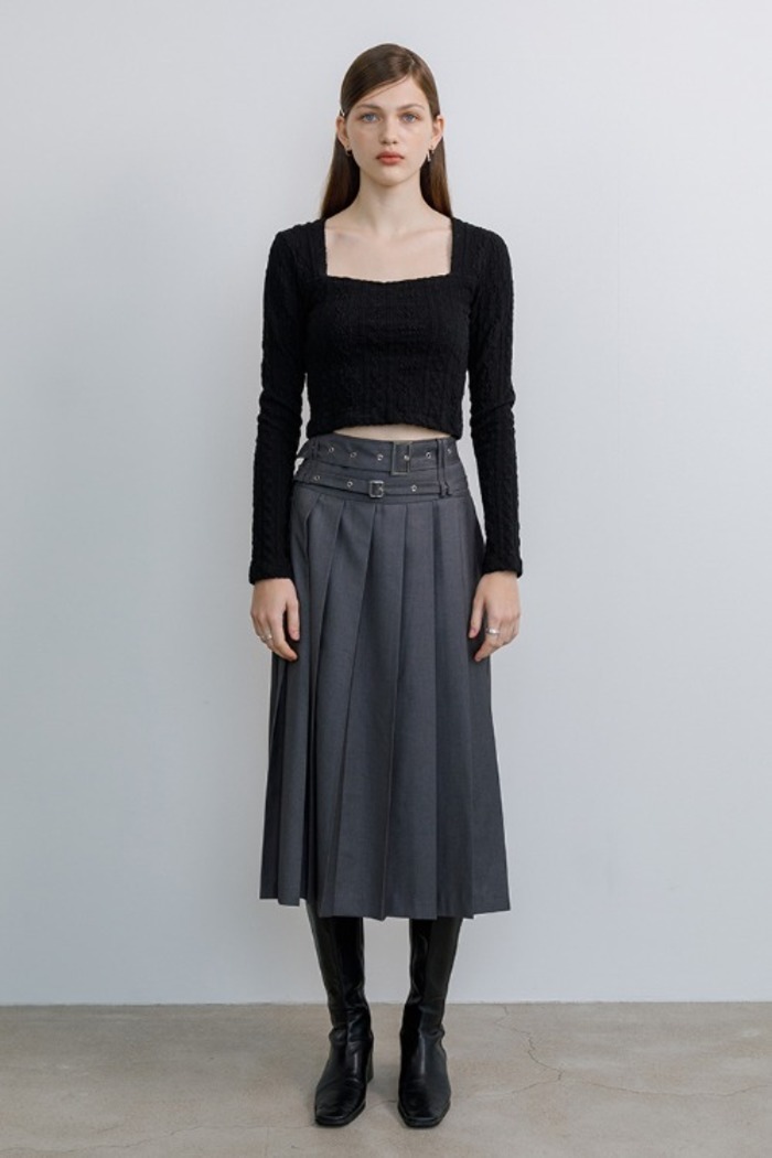 Double belted pleats long skirt (gray)