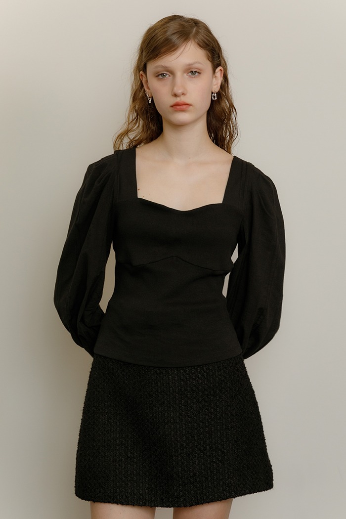 Puff bustier layered blouse (black)